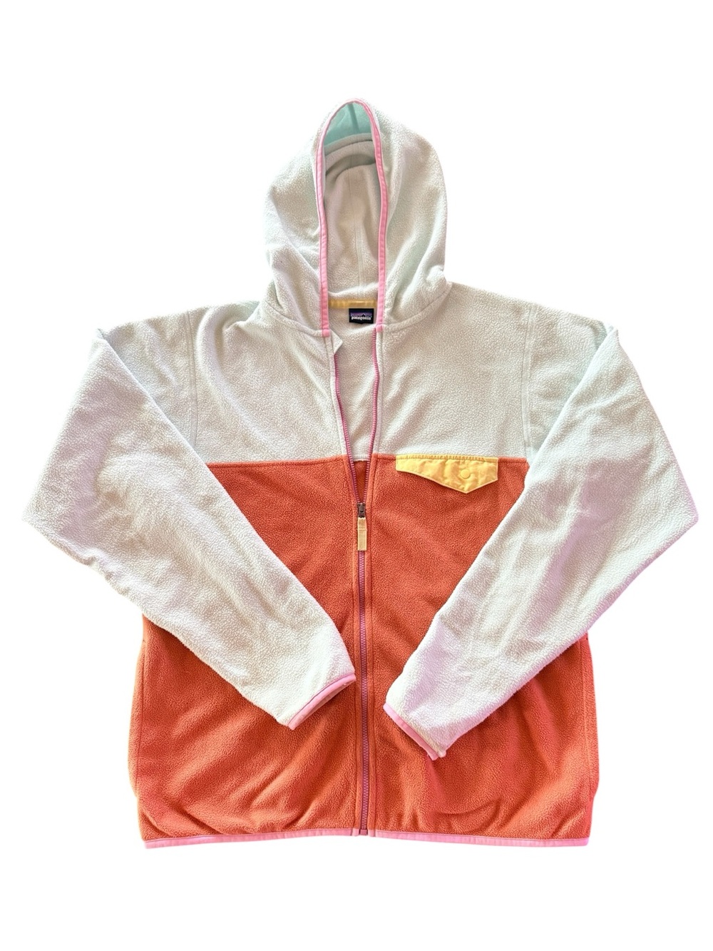 Patagonia Two-Tone Hooded Puffer Jacket - White, Orange, Yellow